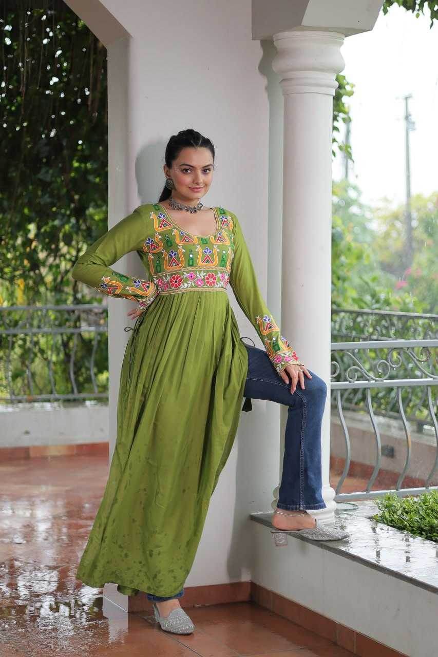 Reyon Cotton Long Embroidered Navratri Kurti - MYLUXURY LANE ENTERPRISE